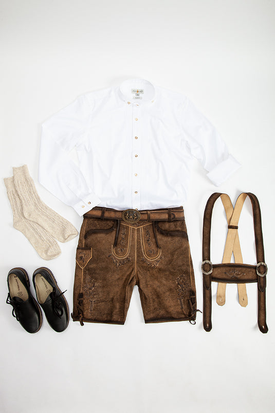 Premium-Lederhosenset kurz mit Gürtel+Träger hellbraun