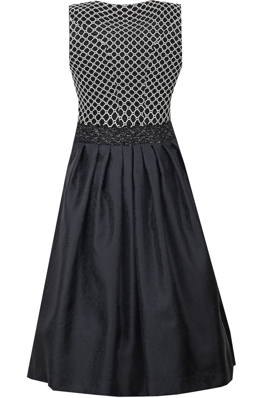 Midi-Dirndl mit eckigem Ausschnitt und Häkelspitze und Strassschürzenband